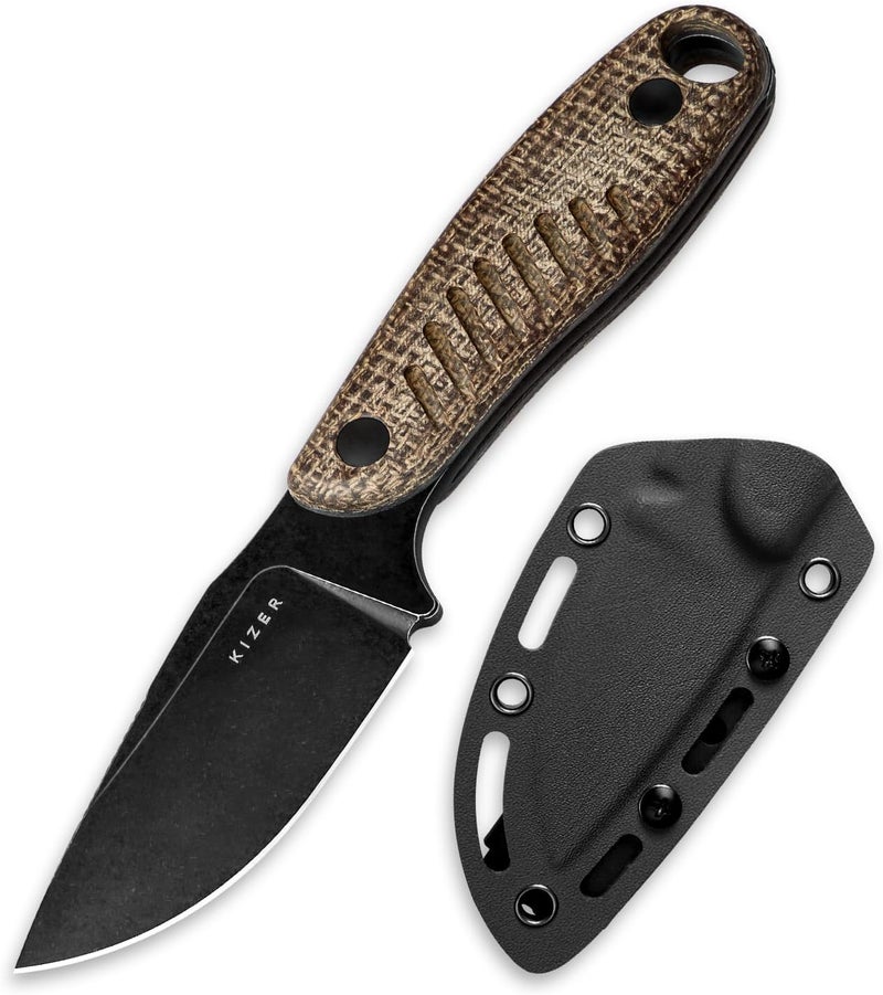KIZER Hare Fixed Blade Knife with Sheath, 3.14" D2 Steel Blade EDC Hunting Knife with Burlap Micarta and Black G10 Handle, Small Survival Knives, Outdoor Camping Knives for Men Women 1077M3 - Image 1
